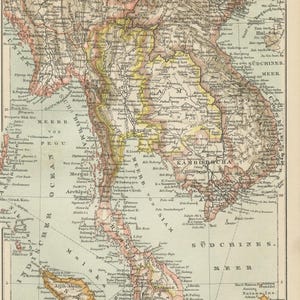 1894 Petite carte ancienne de l'Asie du Sud-Est en allemand. Illustration vintage de géographie Indes Orientales. Cadeau pour professeur