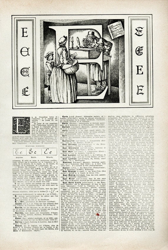 1948 Lettre E Illustration Vintage de Lettre Poster Page Dictionnaire Calligraphie Vintage Initiale 