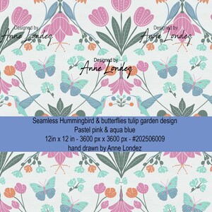 Motif textile pastel bleu et rose floral colibri papillons répétitif infini numérique en téléchargement immédiat + licence commerciale png