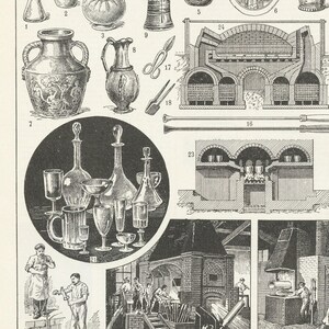 May include: An antique illustration featuring various glass vessels, including vases, pitchers, and goblets. The image also depicts a glassblowing furnace and tools, showcasing the process of glassmaking. The style is reminiscent of historical scientific or technical drawings.