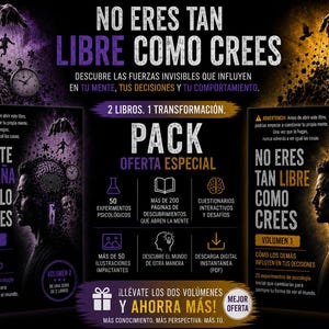 May include: A two-book set titled "No Eres Tan Libre Como Crees" featuring purple and gold color schemes. The covers display silhouettes of people controlled by marionette strings, brain illustrations, and clocks. Text includes "Volumen 1" and "Volumen 2."