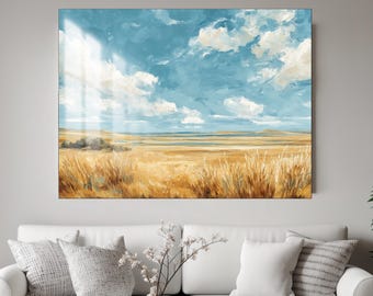 Prairie Landscape Glass Wall Art, Luxury Tempered Glass Blue Sky Field Painting, Farmhouse Nature Modern Statement Home Decor