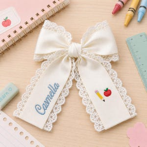 Personalized Back to School Hair Bow, Embroidered Apple Monogram Bow, Custom Initial Girls School Bow