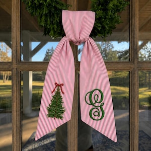 Christmas Wreath Sash with Tree Monogram, Custom Holiday Front Door Sash, Embroidered Christmas Decor