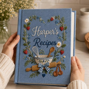 Könnte beinhalten: Ein blaues, stoffgebundenes Buch mit dem Titel Harper's Recipes, verziert mit einer aufwendigen Stickerei aus Rührschüssel, Schneebesen, Nudelholz mit blauem Vichy-Karo-Schleife und Messlöffeln, umrahmt von einem Kranz aus Blumen und Erdbeeren.