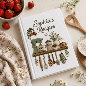 May include: A white recipe book with embroidered kitchen motifs including a green stand mixer, a flour container, a whisk, measuring spoons, a spatula, and an oven mitt. The text "Sophia's Recipes" is embroidered in green above the kitchen items.