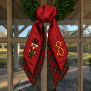 Nutcracker Wreath Sash with Custom Monogram, Embroidered Christmas Door Bow, Personalized Holiday Front Door Decor, Hostess Gift