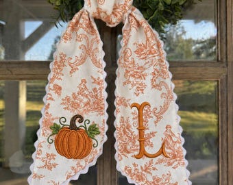 Banda personalizada para corona de calabazas de otoño, lazo bordado con monograma de otoño, decoración para puerta principal de toile naranja, cinta personalizada para Acción de Gracias con inicial.