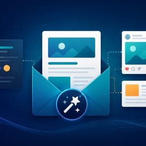 Può includere: Un'illustrazione digitale con una busta blu centrale contenente un documento con un grafico di montagna, accentuata da un'icona circolare con una bacchetta magica bianca e stelle. Ai lati ci sono schede profilo e post di social media.
