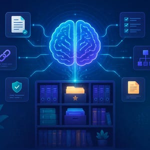 Può includere: Un'illustrazione digitale che presenta un'icona di cervello blu brillante centrata sopra una libreria blu scuro piena di vari libri e cartelle. Attorno al cervello ci sono sei icone quadrate fluttuanti che rappresentano dati, collegamenti, sicurezza, liste di controllo e gerarchia.