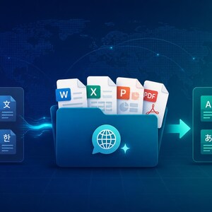 Può includere: Un'icona di cartella digitale blu contenente icone di documenti bianchi etichettate W, X, P e PDF. A sinistra, un pannello blu scuro mostra quattro icone di documenti con simboli linguistici. A destra, un pannello verde acqua mostra quattro icone di documenti verdi corrispondenti.