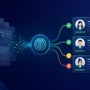 Pode incluir: Uma ilustração gráfica digital mostrando um ícone central de cérebro azul brilhante processando vários cartões de perfil azul escuro à esquerda, classificando-os em três cartões de perfil retangulares à direita com classificações por estrelas.