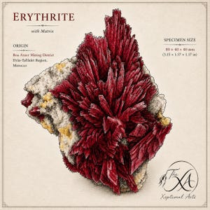 Hand-Drawn Scientific Illustration of Erythritis on Matrix | Vintage Mineral Art Print | Crystal Drawing | TX0007