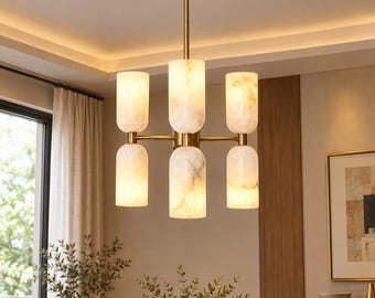 Handcrafted Solid Brass Alabaster Chandelier, Minimalist 6-Light Mid Century Modern Pendant, Art Deco Dining Room Ceiling Fixture