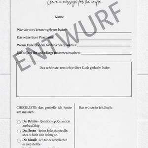 Könnte beinhalten: Eine weiße Gästekarte mit dunkelblauem Text, betitelt mit GUEST NOTE und dem Untertitel Leave a message for the couple. Die Karte enthält Zeilen für Namen, deutsche Aufforderungen, ein großes rechteckiges Feld und einen Checklistenbereich mit Kreisen.