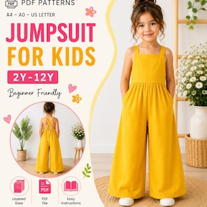 Puede incluir: Un patrón de costura digital en PDF para un mono infantil, tallas 2Y-12Y. El gráfico incluye el texto PDF PATTERNS, JUMPSUIT FOR KIDS, 2Y-12Y y Beginner Friendly. Muestra a un niño con un mono amarillo liso sin mangas.