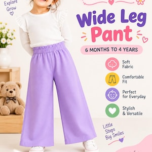 Puede incluir: Pantalones de pierna ancha en color lavanda sólido con cintura elástica. El texto en la imagen dice AMAL DESIGNER, Wide Leg Pant, 6 MONTHS TO 4 YEARS, Soft Fabric, Comfortable Fit, Perfect for Everyday, Stylish & Versatile, Little Steps Big Smiles, Made for Happy Little Moments, Play Explore Grow.