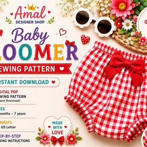 Może przedstawiać: Cyfrowy wykrój krawiecki w formacie PDF na bloomersy dla niemowląt od Amal Designer Shop. Wykrój obejmuje rozmiary od 0 miesięcy do 7 lat, zawiera formaty A4 i US Letter oraz instrukcje krok po kroku. Obraz przedstawia czerwono-białe bloomersy w kratkę.