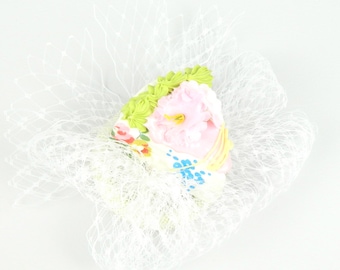 Fascinator Headpiece with Vintage Shabby Chic Flowery Cheesecake and Veil - Birthday Party Hat, Summer Spring Hen Night