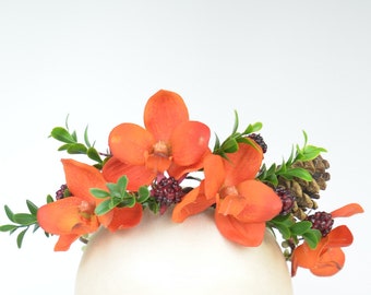 Corona copricapo in arancione brillante con orchidee e bacche di fiori di seta Accessorio per capelli da sposa Wedding Garland Woodland