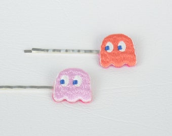 Hair Clip Set of 2 Pacman in Pink and Orange Headwear Young Fashion Hair Accessories Kawaii Cute Childrens Retro Vintage Geek Nerd Fun Gift