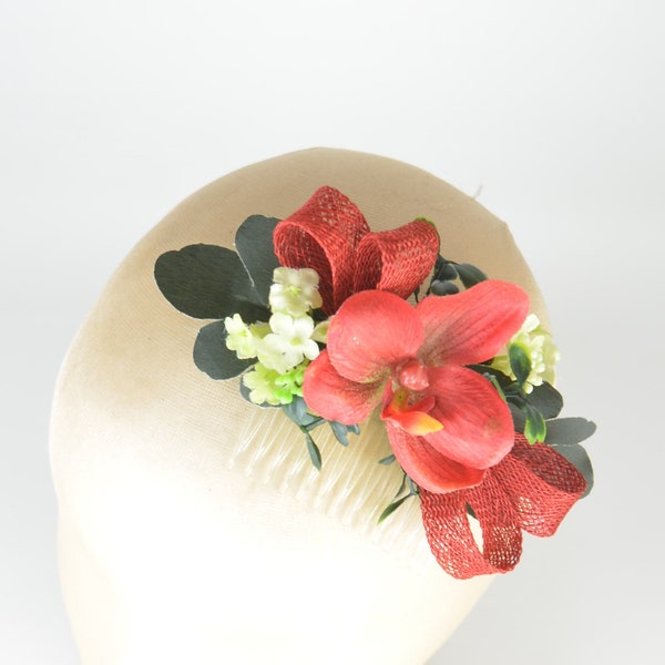 SALE! Fascinator Headpiece Hair Comb Red Orchid with Lime Green Flowers, Foliage and Sinamay Bow Party  Hat Hen Night Fairycore Woodland
