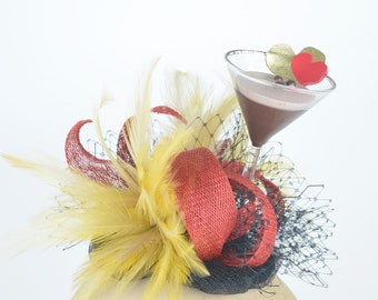 Fascinator Headpiece Espresso Martini with Feathers and Veil in Red, Gold and Black, Party Statement Hair Accessory Hen Night Fun Kawaii