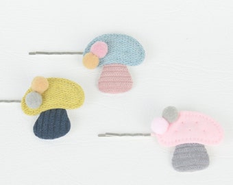 Hair Clip Set of 3 Cute Mushrooms in Pink, Blue, Yellow and Grey Headwear Young Fashion Hair Accessories Kawaii Childrens Fairy Woodland