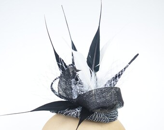 Fascinator in Black & Silver with Statement Feathers and Sinamay Twirls and Veil Hen Night Occasion Headwear Gothic Burlesque