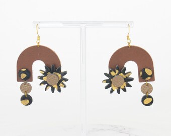 Earrings in Brown, Leopard Pattern & Gold Genuine Leather Salvaged Recycled Dangle Drop Geometric Artisan Statement Unique Animal Print