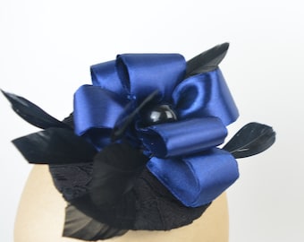 Fascinator Headpiece in Black Lace with Statement Feathers and Deep Blue Ribbon Flower Hen Night Occasion Headwear Gothic Burlesque Pin Up