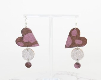 Cute Earrings in Glitter & Purple Animal Print Genuine Salvaged Recycled Leather Dangle Drop Heart Geometric Artisan Kawaii Statement Unique