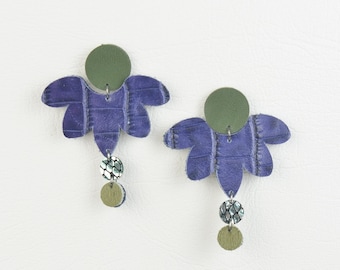 Leather Earrings in Purple & Green Metallic Genuine Salvaged Recycled Dangle Drop Geometric Artisan Statement Unique Animal Print