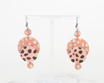 Cute Earrings in Pink & Peach Animal Print Genuine Salvaged Recycled Leather Dangle Drop Geometric Artisan Kawaii Statement Unique