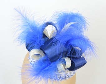 Pillbox Hat with Vintage Fabric, Deep Blue Ribbon, Feathers and Ivory Sinamay Hen Night Occasion Headwear Burlesque Great Gatsby