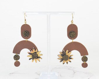 Leather Earrings in Brown, Leopard Pattern & Gold Genuine Salvaged Recycled Dangle Drop Geometric Artisan Statement Unique Animal Print