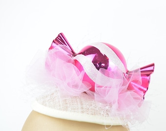 Fascinator Headpiece with Large Candy Sweet, Tulle and Veil, Party Statement Hair Accessory Hen Night Fun Kawaii Burlesque Cocktail Hat