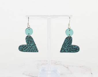 Heart Earrings Polka Dot Calf Hair Blue and Aqua Recycled Leather Dangle Drop Fabric Textile Jewellery Artisan Feminine Cute Pretty Dainty