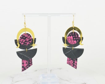 Moon & Stars Earrings in Pink Snake, Textured Black and Gold Genuine Salvaged Leather Recycled Dangle Drop Artisan Statement Unique