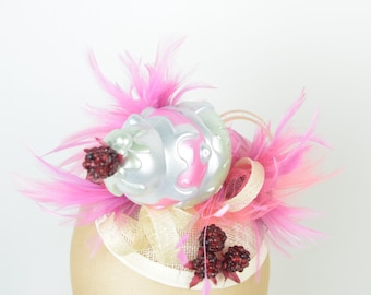 Fascinator Headpiece Ice Cream, Raspberries, Feathers and Veil, Party Statement Hair Accessory Hen Night Fun Kawaii Burlesque