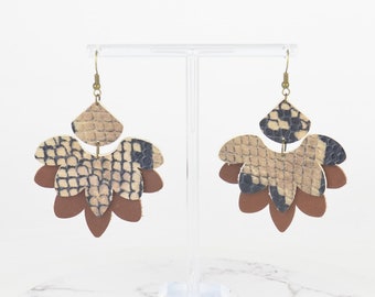 Statement Earrings in Snake Animal Print & Brown Genuine Salvaged Recycled Leather Dangle Drop Fabric Textile Jewellery Artisan Feminine