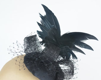 Fascinator Headpiece Accessory in Deep Grey and Black Lace with Butterfly Wings and Veil Cocktail Party Hat Gothic Punk Statement Hair Clip