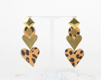 Orecchini in pelle in oro, kaki e leopardo Modello autentico recuperato riciclato Goccia goccia Cuore Di lusso Artigianato Dichiarazione Unica Stampa animale