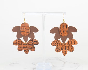 Leather Earrings in Brown and Caramel Pattern Genuine Salvaged Recycled Materials Dangle Drop Flower Artisan Statement Unique Animal Print