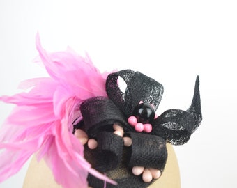 Fascinator Headpiece with Jewelled Flowers, Black Sinamay and Pink Feathers Hen Night Occasion Headwear Burlesque Great Gatsby