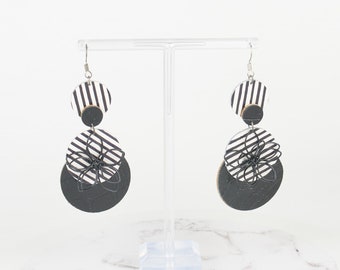 Statement Flower Wire Earrings in Striped Black and White Salvaged Recycled Leather Dangle Drop Fabric Textile Jewellery Artisan Feminine