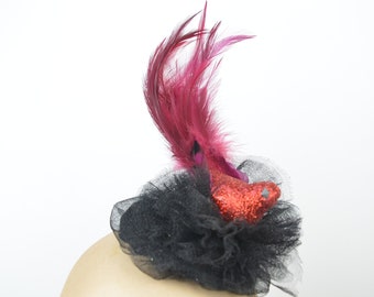 Fascinator Headpiece with Red Glitter Feathered Bird and Black Tulle Veil Statement Cocktail Party Burlesque Fashion Headwear Wedding