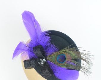 Fascinator Headpiece with Peacock and Purple Feathers and Vintage Jewels, Fashion Burlesque Pin Up Rockabilly Occasion Show Girl