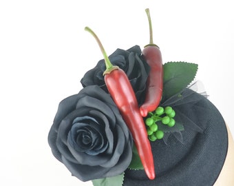 Headpiece Hat with Statement Black Roses and Deep Red Chillies, Fashion Burlesque Pin Up Rockabilly Occasion Show Girl Gothic Witch