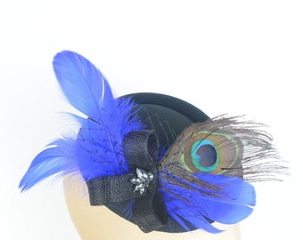 Fascinator Headpiece with Peacock and Blue Feathers and Vintage Jewels, Fashion Burlesque Pin Up Rockabilly Occasion Show Girl